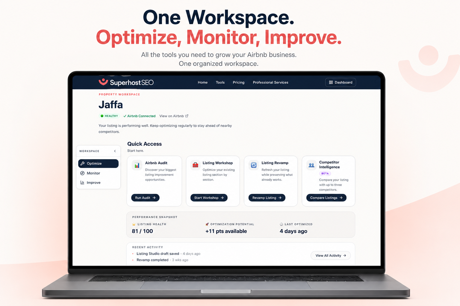 SuperhostSEO workspace dashboard showing property optimization tools